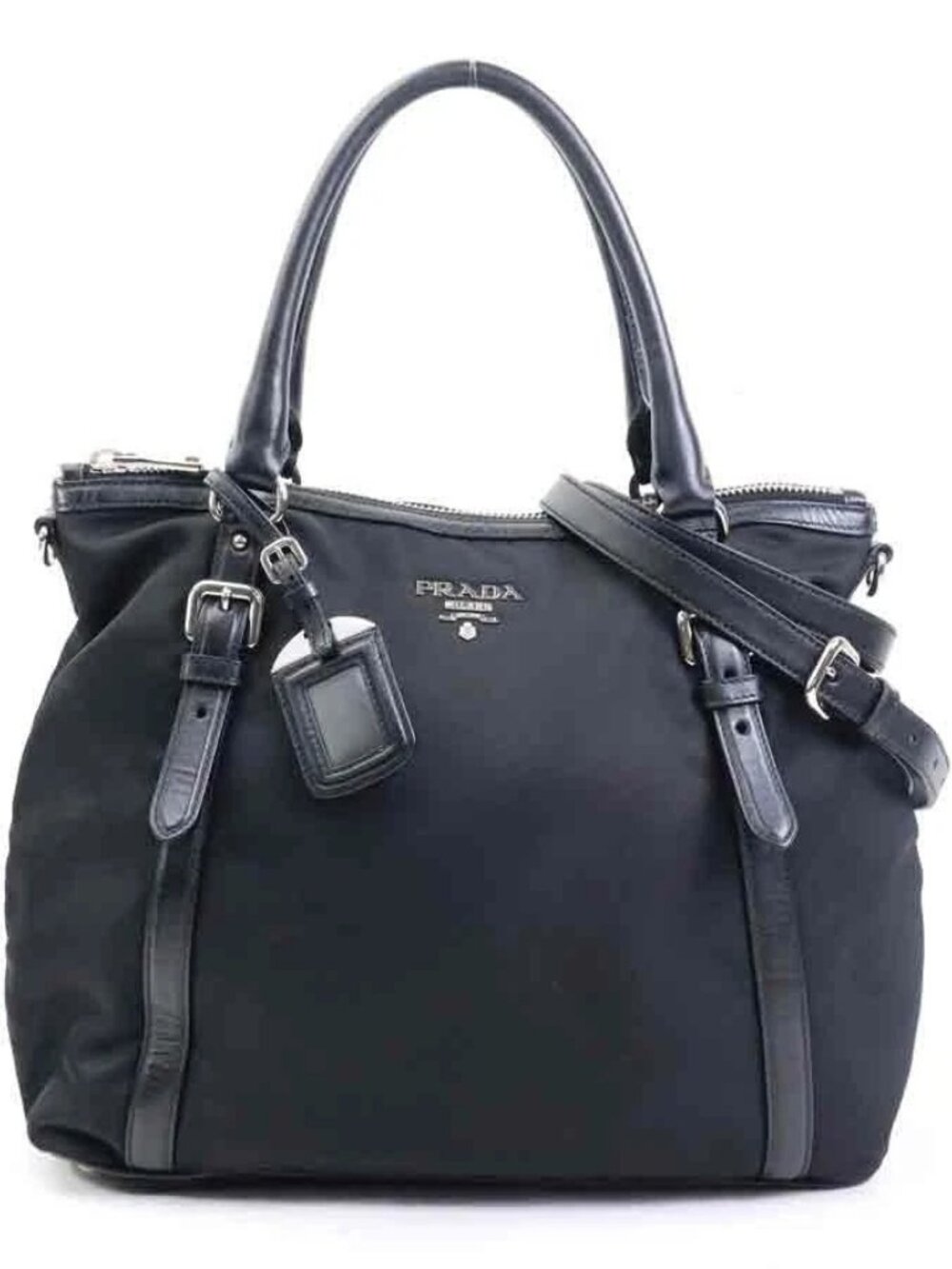 PRADA Handbag Shoulder Bag Black Nylon/Leather/Silvertone